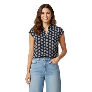 Alfani Navy Blue and White Cap Sleeve Geometric Design Half Button Down Collared